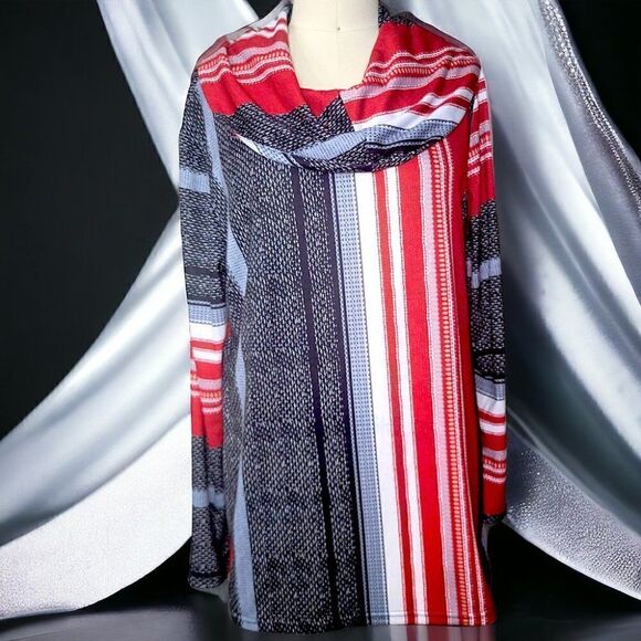 Red gray Serape stripes pattern long cowl neck top - Picture 1 of 5